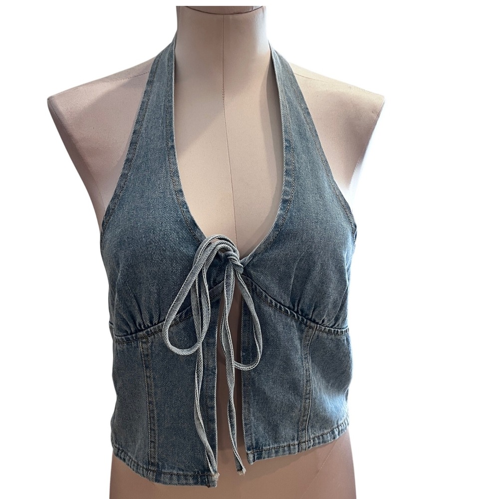 SHEIN Blue Denim Halter Tie-Front Tank Top